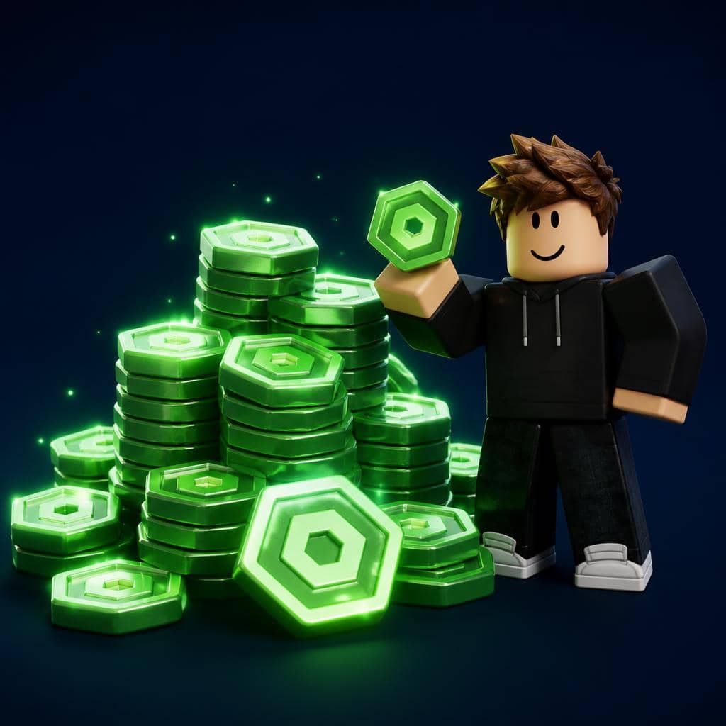 Đống đồng Robux phát sáng cùng nhân vật Roblox