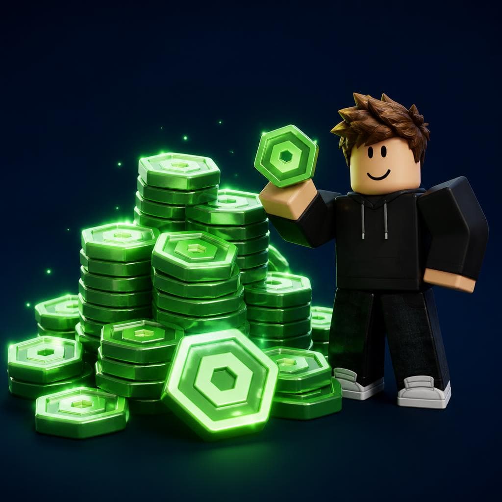 Đống đồng Robux phát sáng cùng nhân vật Roblox